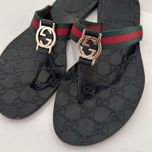 Gucci Interlocking GG Thong Sandals EU 39 US 9 Black Monogram Flat Flip Flop - Picture 3 of 9